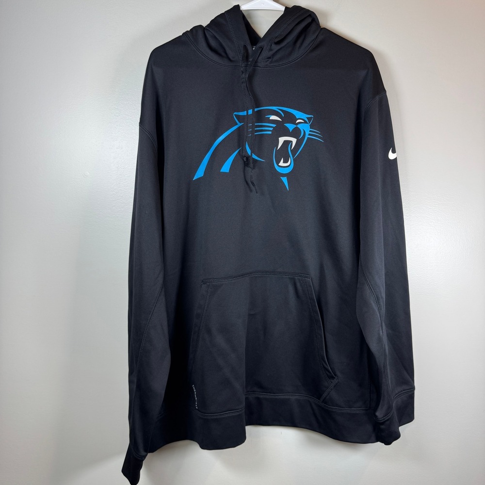 Nike‎ Men's XXL Carolina Panthers Black Blue Therma-FIT Sideline Hoodie Pullover